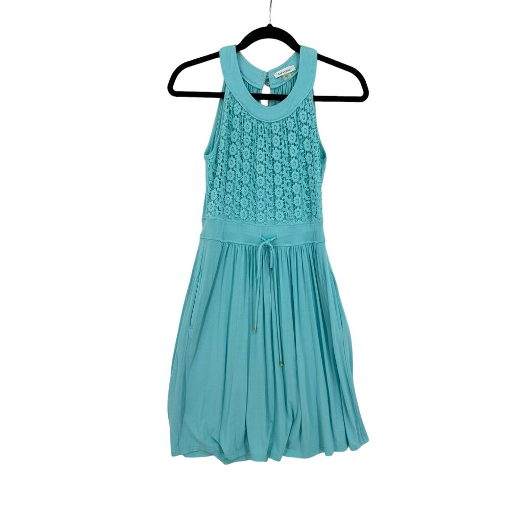 Calvin Klein Sleeveless Dress Blue Crochet Drawstring Size 8 Fairy Lace